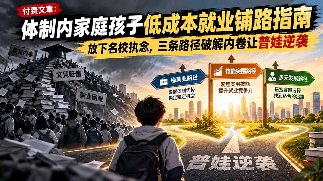 付费文章：体制内家庭孩子低成本就业铺路指南，放下名校执念，三条路径破解内卷让普娃逆袭|一人科技OPC聚合软件
