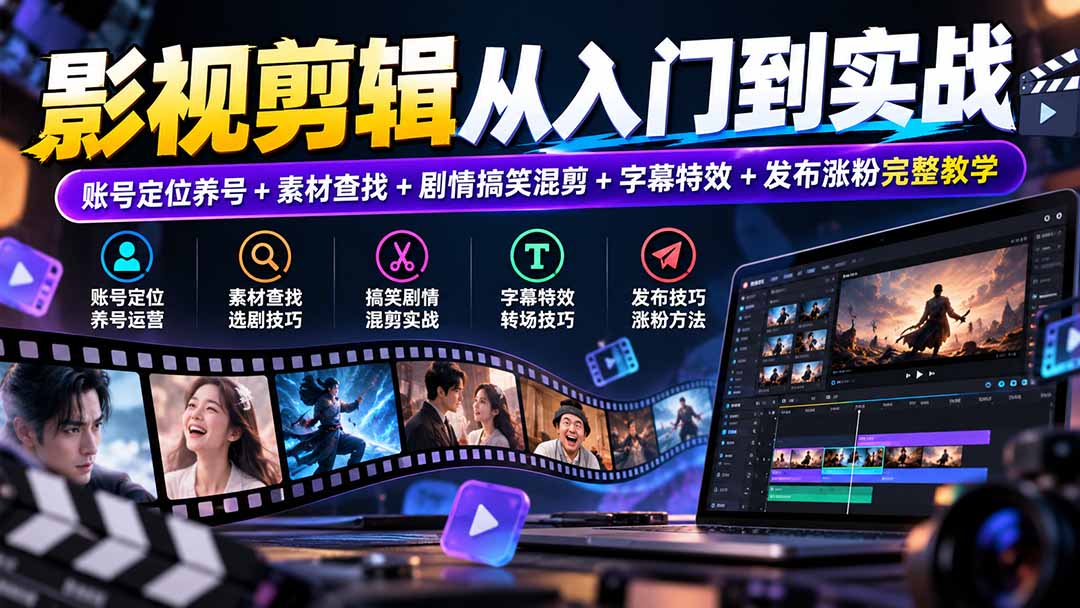 影视剪辑从入门到实战：账号定位养号+素材查找+剧情搞笑混剪+字幕特效+发布涨粉完整教学|一人科技OPC聚合软件
