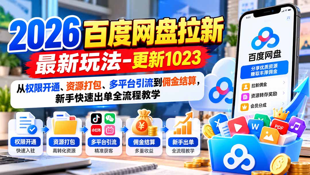 2026百度网盘拉新最新玩法-更新1023：从权限开通、资源打包、多平台引流到佣金结算，新手快速出单全流程教学|一人科技OPC聚合软件