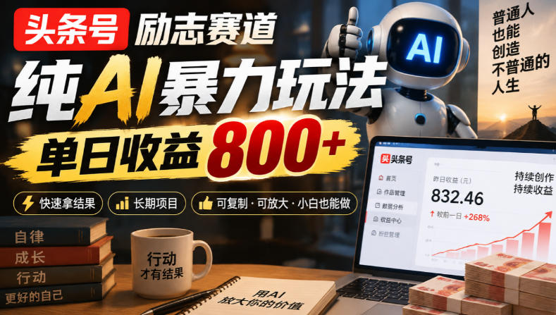 头条号励志赛道，纯AI暴力玩法，单日收益800+，快速拿结果，长期项目|一人科技OPC聚合软件