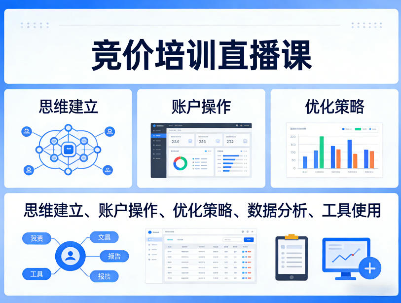竞价培训直播课，覆盖思维建立、账户操作、优化策略、数据分析、工具使用等，全方位提升效果|协议软件打粉软件