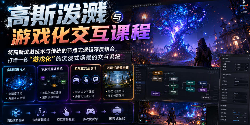高斯泼溅与游戏化交互课程，将高斯泼溅技术与传统的节点式逻辑深度结合，打造一套“游戏化”的沉浸式场景的交互系统|一人科技OPC聚合软件