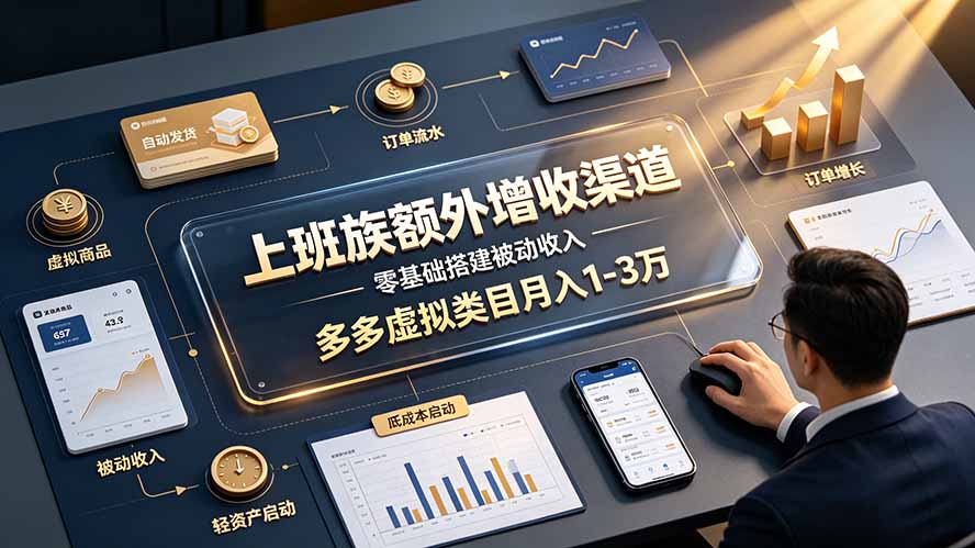 上班族额外增收渠道，零基础搭建被动收入，多多虚拟类目月入 1-3 万|一人科技OPC聚合软件