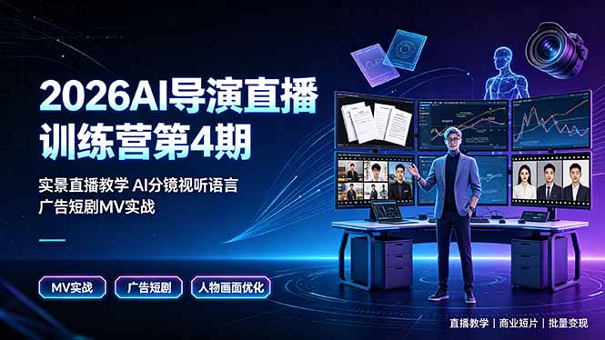 2026AI导演直播训练营第4期，实景直播教学AI分镜视听语言，广告短剧MV实战，解决人物画面崩坏痛点|一人科技OPC聚合软件