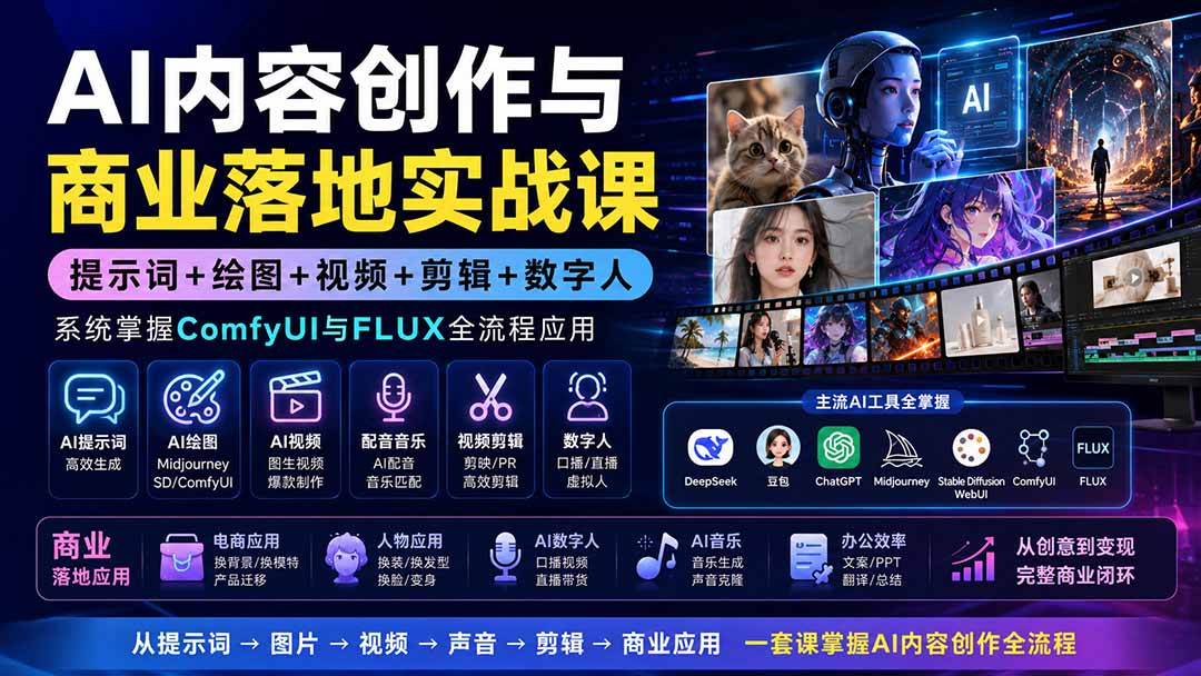 AI内容创作与商业落地实战课：提示词+绘图+视频+剪辑+数字人，系统掌握ComfyUI与FLUX全流程应用|一人科技OPC聚合软件