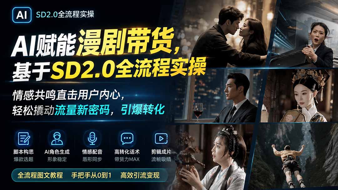 AI赋能漫剧带货，基于SD2.0全流程实操；情感共鸣直击用户内心，轻松撬动流量新密码，引爆转化|一人科技OPC聚合软件