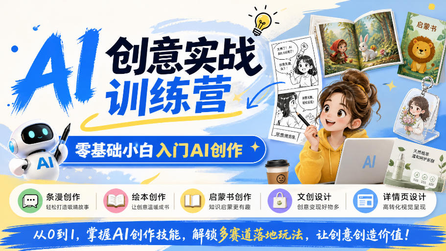 AI创意实战训练营，零基础小白入门AI创作，解锁条漫、绘本、启蒙书、文创、详情页多赛道落地玩法|一人科技OPC聚合软件