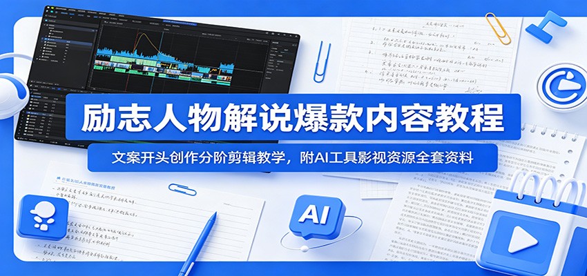 励志人物解说爆款内容教程：文案开头创作分阶剪辑教学，附AI 工具影视资源全套资料|一人科技公司导航