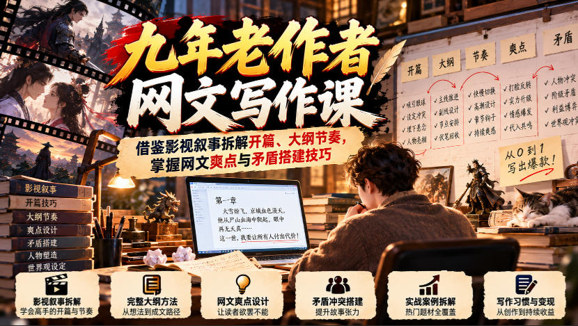 九年老作者网文写作课：借鉴影视叙事拆解开篇、大纲节奏，掌握网文爽点与矛盾搭建技巧|一人科技OPC聚合软件