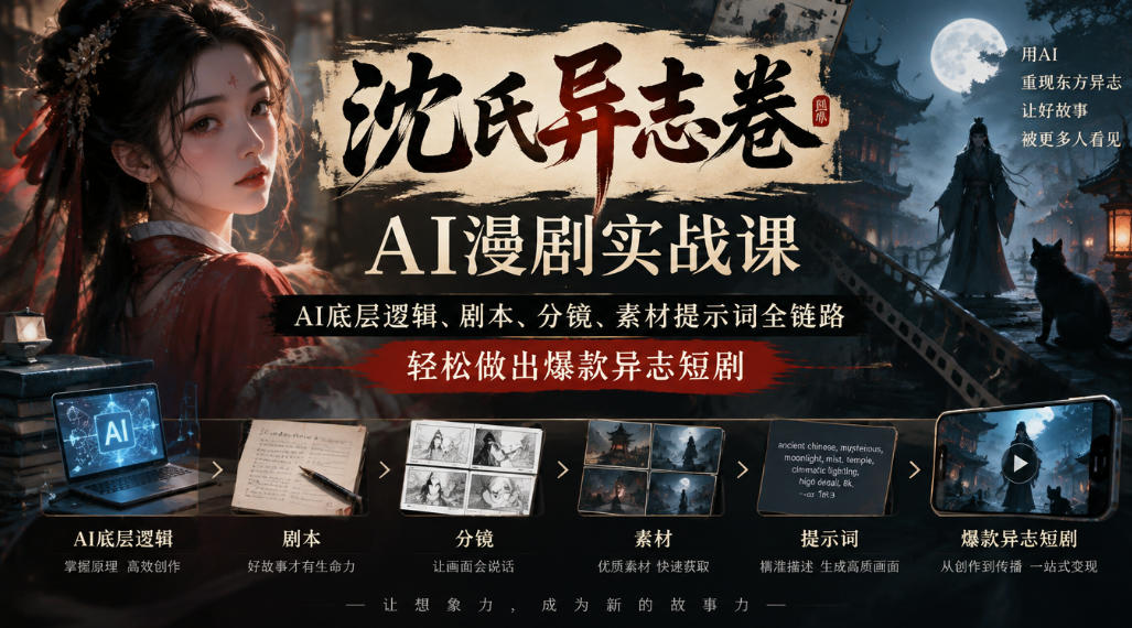 沈氏异志卷AI漫剧实战课｜AI底层逻辑、剧本、分镜、素材提示词全链路，轻松做出爆款异志短剧|一人科技OPC聚合软件