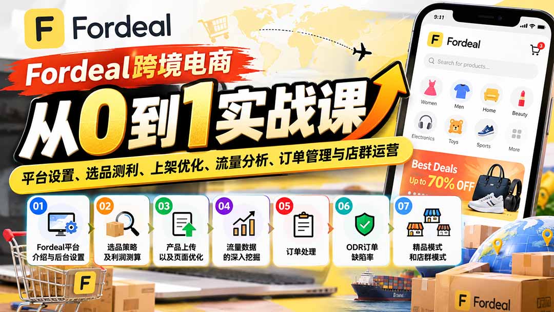 Fordeal跨境电商从0到1实战课：平台设置、选品测利、上架优化、流量分析、订单管理与店群运营|一人科技OPC聚合软件