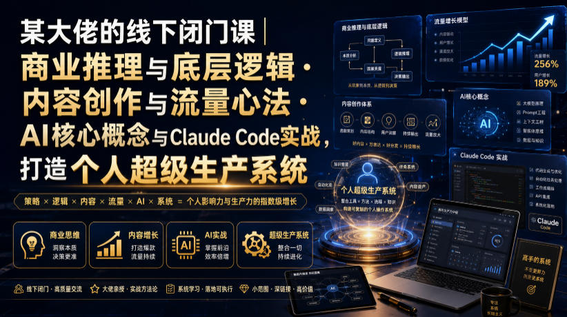 某大佬的线下闭门课｜商业推理与底层逻辑・内容创作与流量心法・AI核心概念与Claude Code实战，打造个人超级生产系统【录音+图片】|一人科技OPC聚合软件