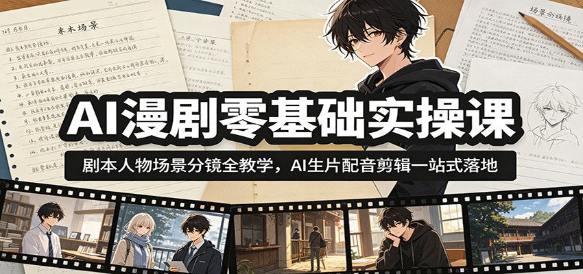AI漫剧零基础实操课：剧本人物场景分镜全教学，AI生片配音剪辑一站式落地|一人科技公司导航