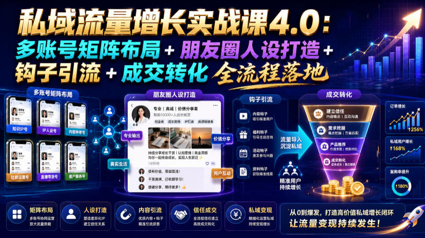 私域流量增长实战课4.0：多账号矩阵布局+朋友圈人设打造+钩子引流+成交转化全流程落地|一人科技OPC聚合软件