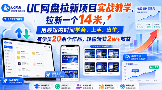 UC网盘拉新项目实战教学，拉新一个14米，用最短的时间学会、上手、出单，有学员20余个作品，轻松斩获2w+收益|一人科技OPC聚合软件