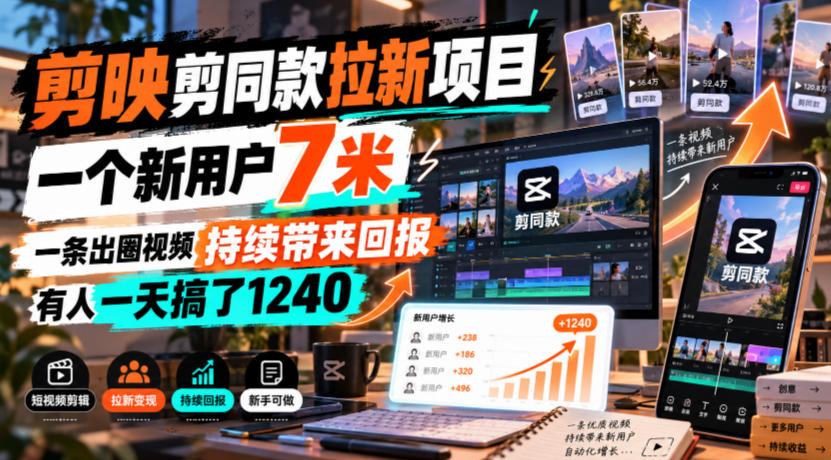 剪映剪同款拉新项目，一个新用户7米，一条出圈视频持续带来回报，有人一天搞了1240|一人科技OPC聚合软件
