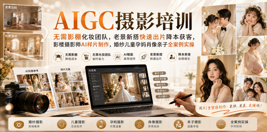 AIGC摄影培训｜无需影棚化妆团队，老景新搭快速出片降本获客，影楼摄影师AI样片制作，婚纱儿童孕妈肖像亲子全案例实操|一人科技OPC聚合软件
