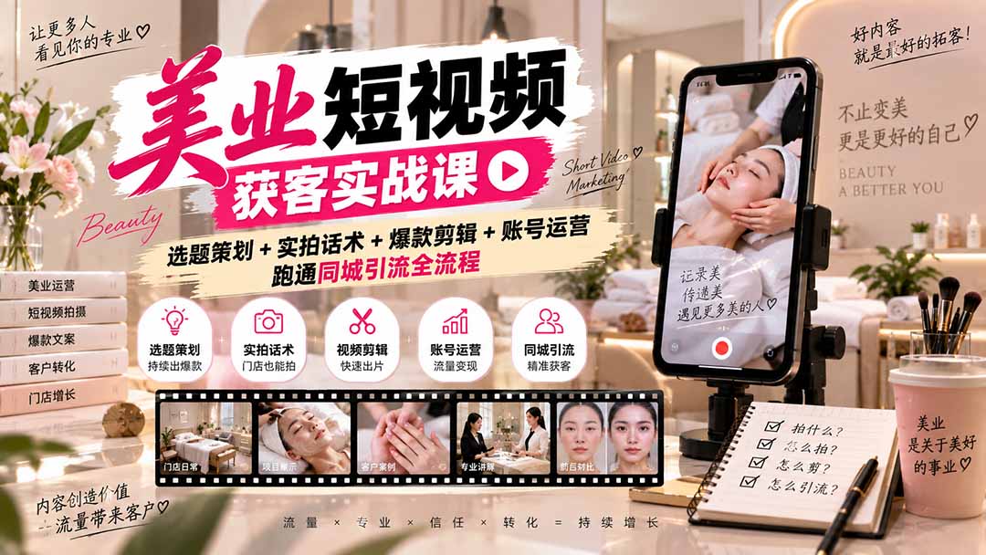 美业短视频获客实战课-无水印：选题策划+实拍话术+爆款剪辑+账号运营，跑通同城引流全流程|一人科技OPC聚合软件
