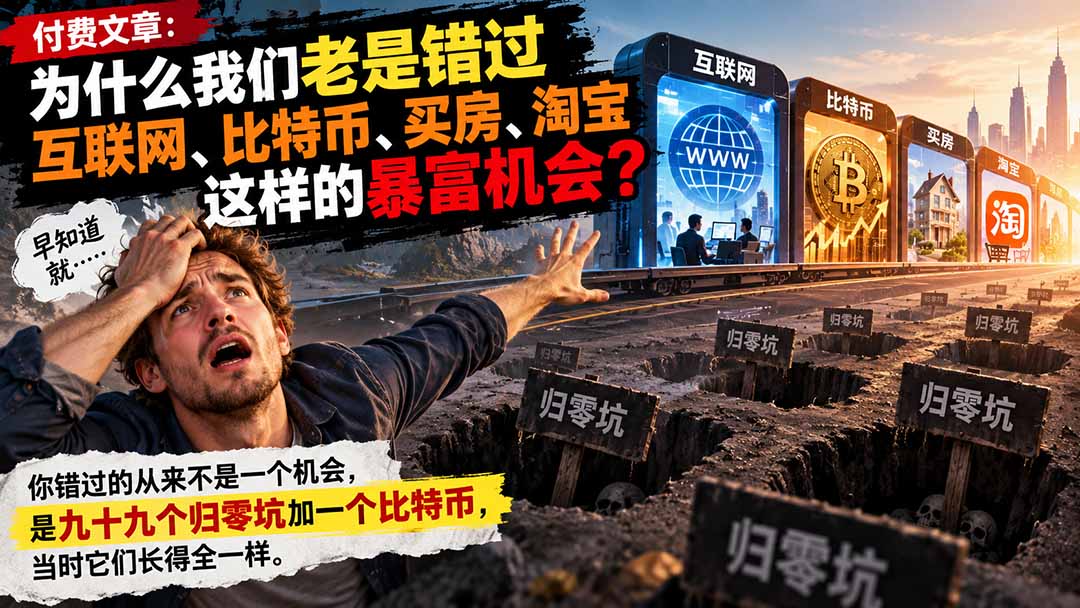 付费文章:为什么我们老是错过互联网、比特币、买 房、淘宝这样的暴富机会?|一人科技OPC聚合软件