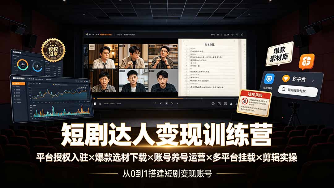 短剧达人变现训练营：平台授权入驻×爆款选材下载×账号养号运营×多平台挂载×剪辑实操×违规处理全流程|一人科技OPC聚合软件