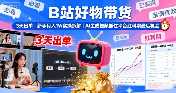 B站好物带货，3天出单，新手月入1W实操拆解，AI生成视频，抓住平台红利期最后机会|HOOK协议网