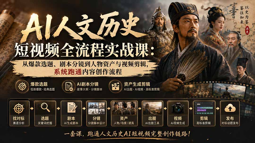 AI人文历史短视频全流程实战课：从爆款选题、剧本分镜到人物资产与视频剪辑，系统跑通内容创作流程|一人科技OPC聚合软件