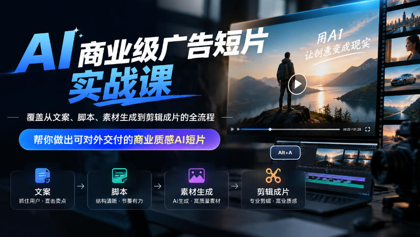 AI商业级广告短片实战课，覆盖从文案、脚本、素材生成到剪辑成片的全流程，帮你做出可对外交付的商业质感AI短片|一人科技OPC聚合软件