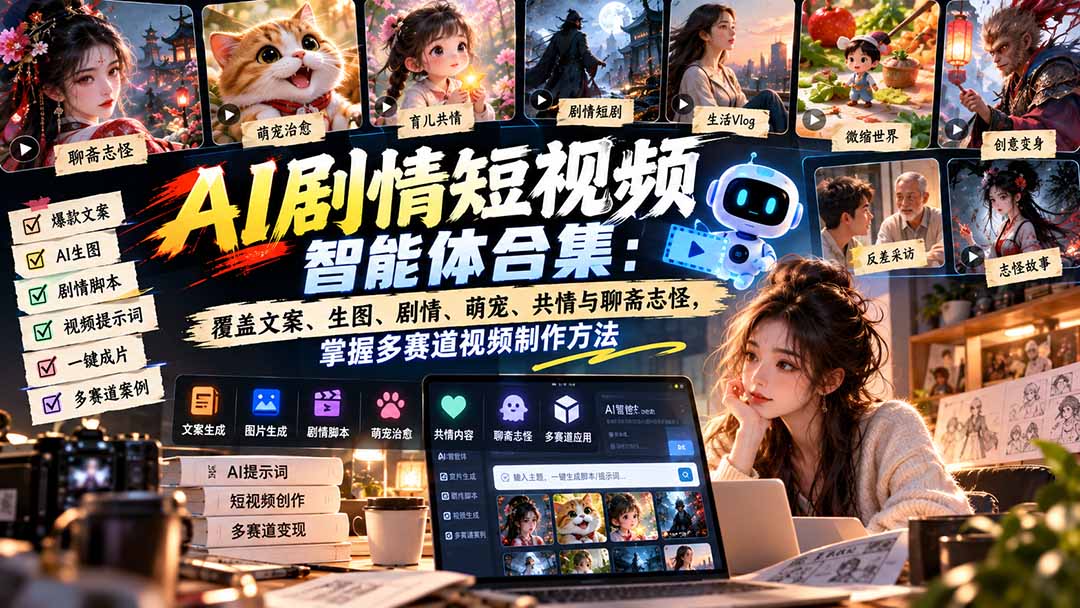 【无水印】AI剧情短视频智能体合集：覆盖文案、生图、剧情、萌宠、共情与聊斋志怪，掌握多赛道视频制作方法|一人科技OPC聚合软件