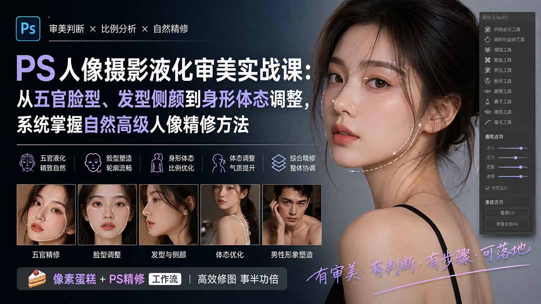 PS人像摄影液化审美实战课：从五官脸型、发型侧颜到身形体态调整，系统掌握自然高级人像精修方法|一人科技OPC聚合软件