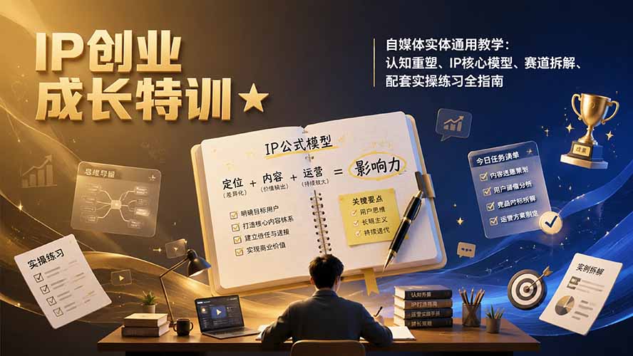 IP创业成长特训★自媒体实体通用教学：认知重塑、IP核心模型、赛道拆解、配套实操练习全指南|一人科技OPC聚合软件