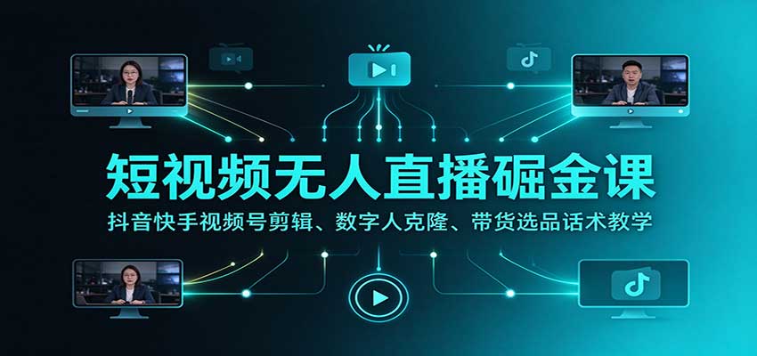 短视频无人直播掘金课：抖音快手视频号剪辑、数字人克隆、带货选品话术教学|一人科技OPC聚合软件
