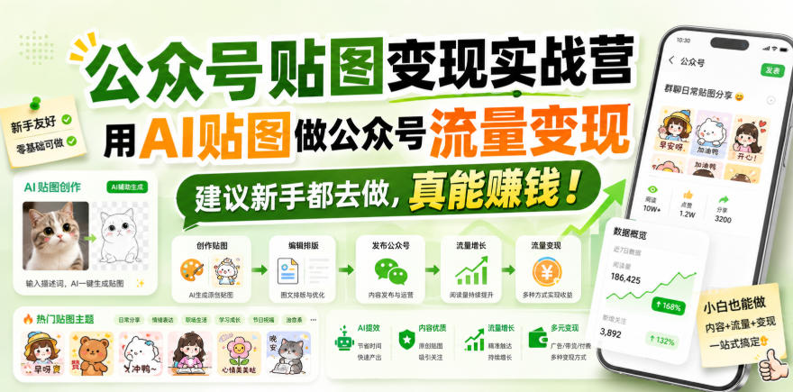 公众号贴图变现实战营，用AI贴图做公众号流量变现，建议新手都去做，真能賺钱！|一人科技OPC聚合软件