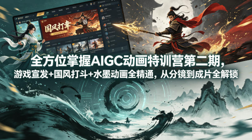 全方位掌握AIGC动画特训营第二期，游戏宣发+国风打斗+水墨动画全精通，从分镜到成片全解锁|协议软件打粉软件