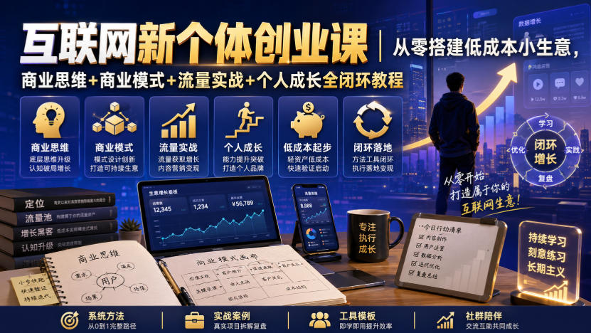 互联网新个体创业课｜从零搭建低成本小生意，商业思维+商业模式+流量实战+个人成长全闭环教程|一人科技OPC聚合软件