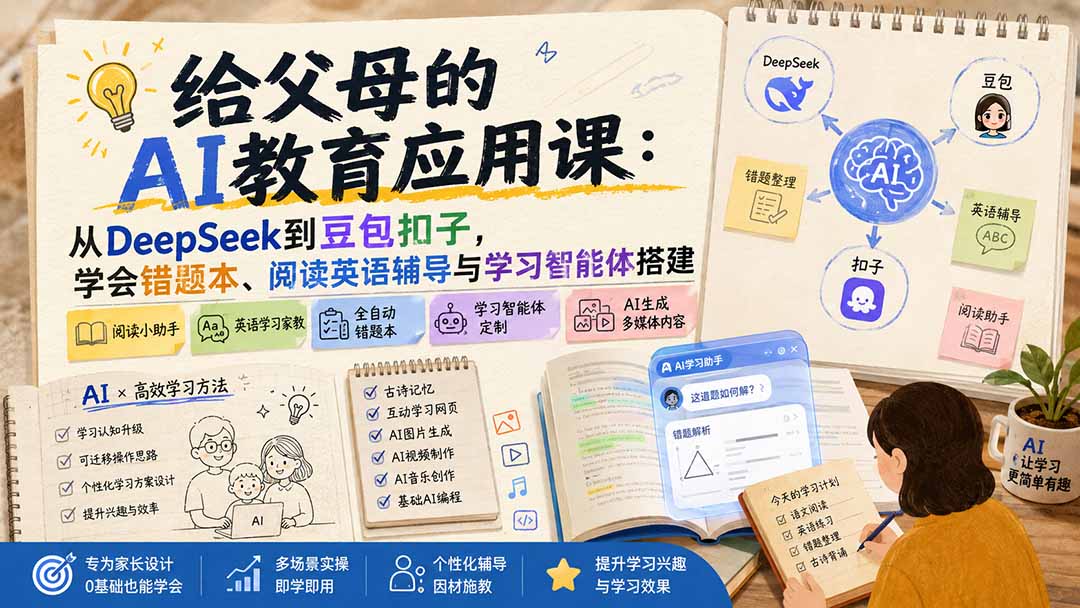 给父母的AI教育应用课：从DeepSeek到豆包扣子，学会错题本、阅读英语辅导与学习智能体搭建|一人科技OPC聚合软件