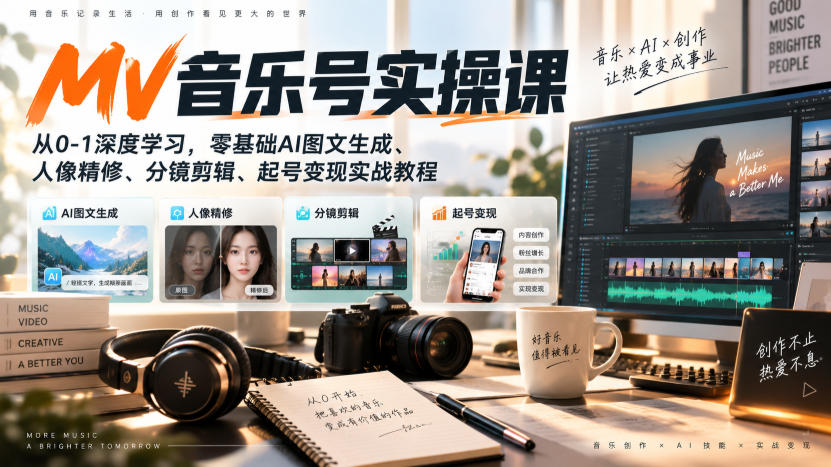 AI MV音乐号实操课，从0-1深度学习，零基础AI图文生成、人像精修、分镜剪辑、起号变现实战教程|一人科技OPC聚合软件