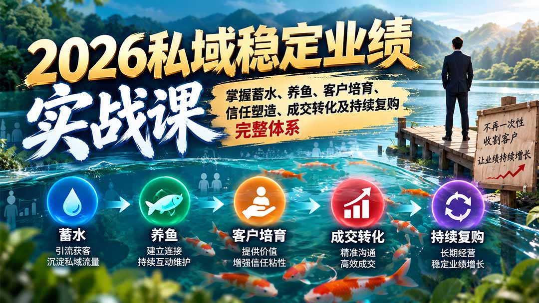 2026私域稳定业绩实战课：掌握蓄水、养鱼、客户培育、信任塑造、成交转化及持续复购完整体系|一人科技OPC聚合软件
