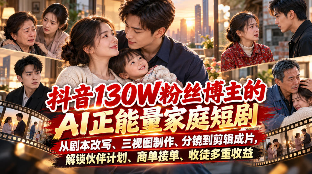 抖音130W粉丝博主的AI正能量家庭短剧，从剧本改写、三视图制作、分镜到剪辑成片，解锁伙伴计划、商单接单、收徒多重收益|一人科技OPC聚合软件