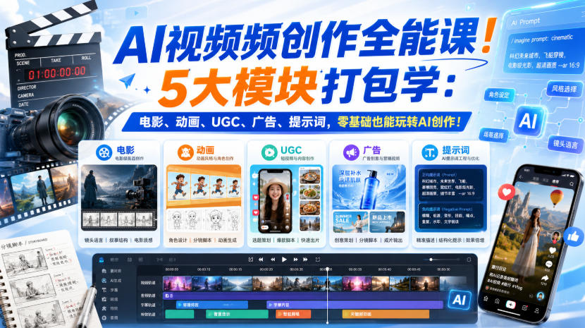 AI视频频创作全能课！5大模块打包学：电影、动画、UGC、广告、提示词，零基础也能玩转AI创作！【原创双语字幕】|一人科技OPC聚合软件