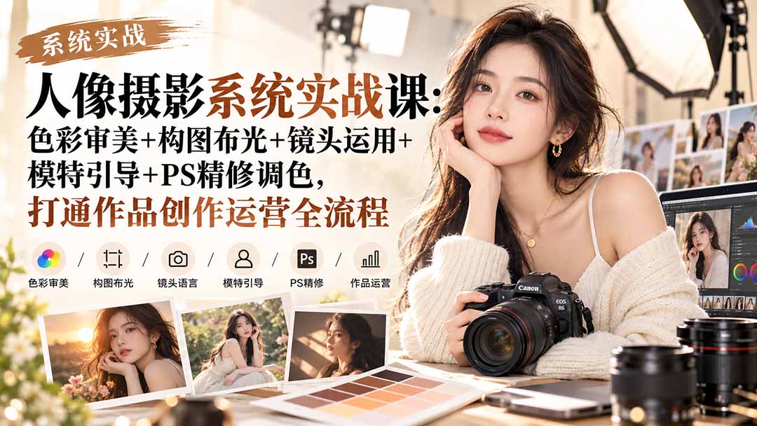 【无水印】人像摄影系统实战课：色彩审美+构图布光+镜头运用+模特引导+PS精修调色，打通作品创作运营全流程|一人科技OPC聚合软件