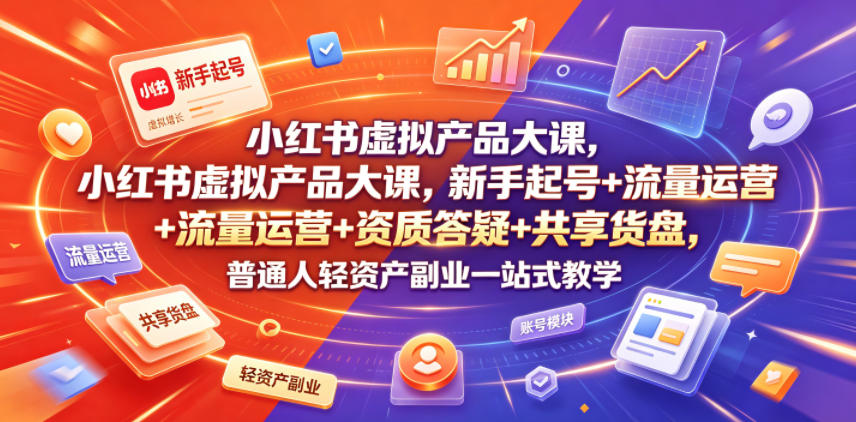 小红书虚拟产品大课，新手起号+流量运营+资质答疑+共享货盘，普通人轻资产副业一站式教学|一人科技公司导航