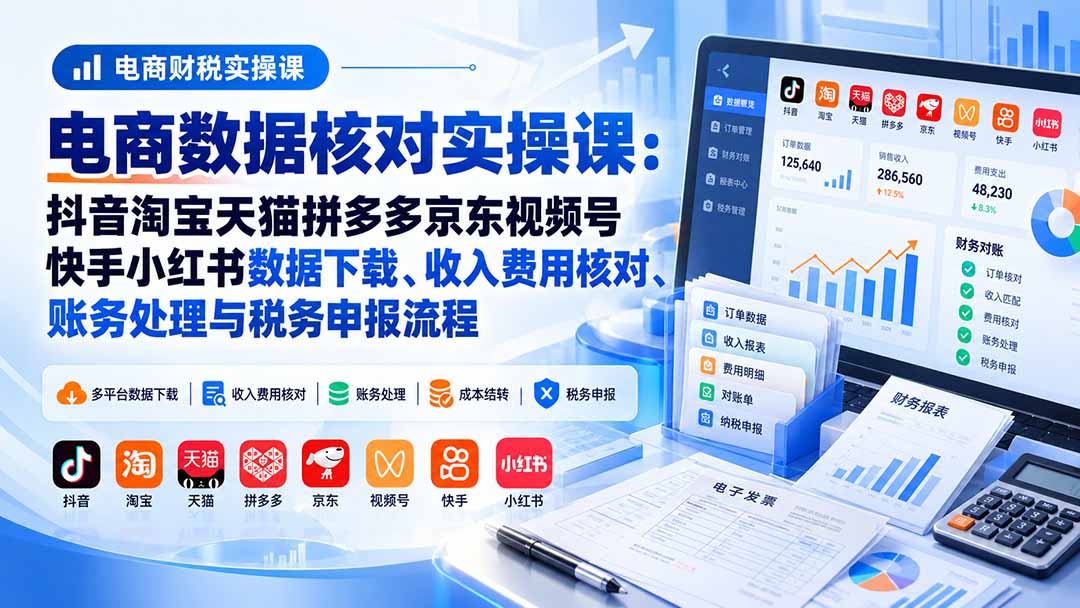 电商数据核账实操课：抖音淘宝天猫拼多多京东视频号快手小红书数据下载、收入费用核对、账务处理与税务申报流程|一人科技OPC聚合软件
