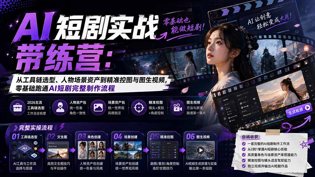 AI短剧实战训练营：从工具链选型、人物场景资产到精准控图与图生视频，零基础跑通AI短剧完整制作流程|一人科技OPC聚合软件
