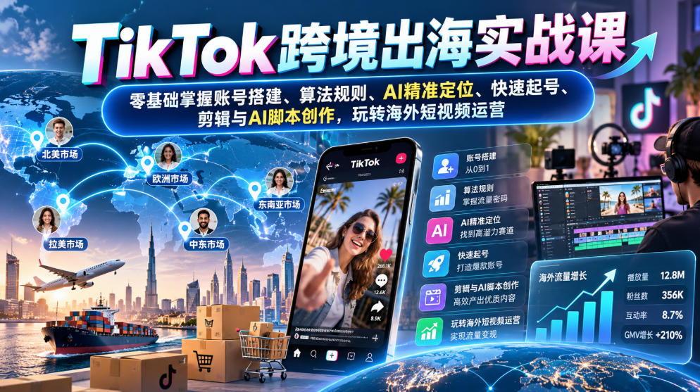 TikTok跨境出海实战课：零基础掌握账号搭建、算法规则、AI精准定位、快速起号、剪辑与AI脚本创作，玩转海外短视频运营|一人科技OPC聚合软件