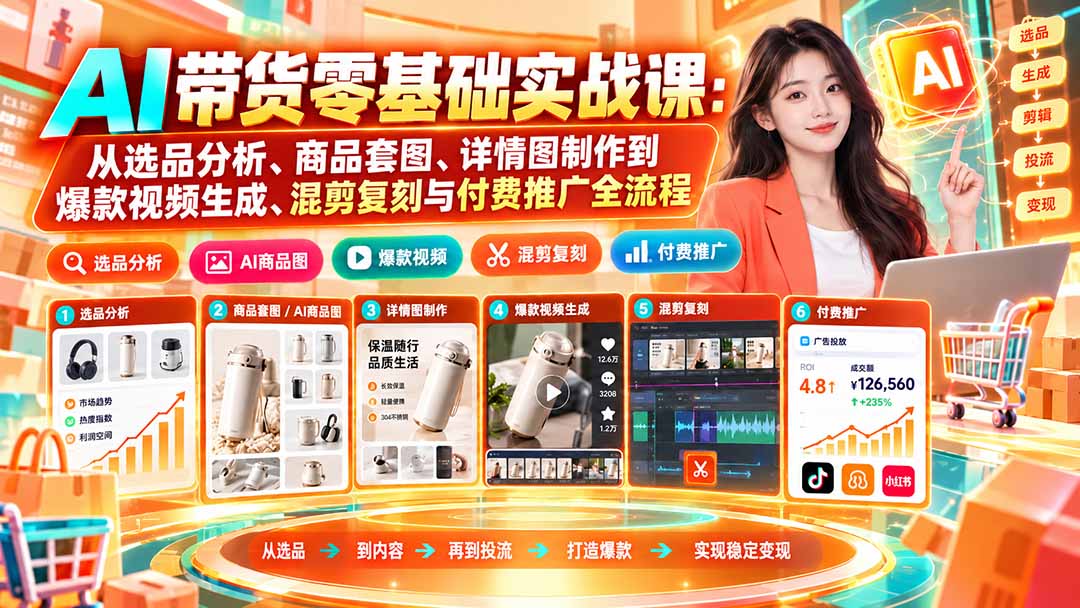 AI带货零基础实战课：从选品分析、商品套图、详情图制作到爆款视频生成、混剪复刻与付费推广全流程|一人科技OPC聚合软件
