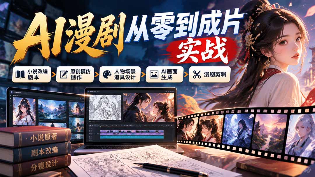 AI漫剧从零到成片实战：小说改编剧本、原创模仿创作、人物场景道具设计、AI画面生成与漫剧剪辑|一人科技OPC聚合软件