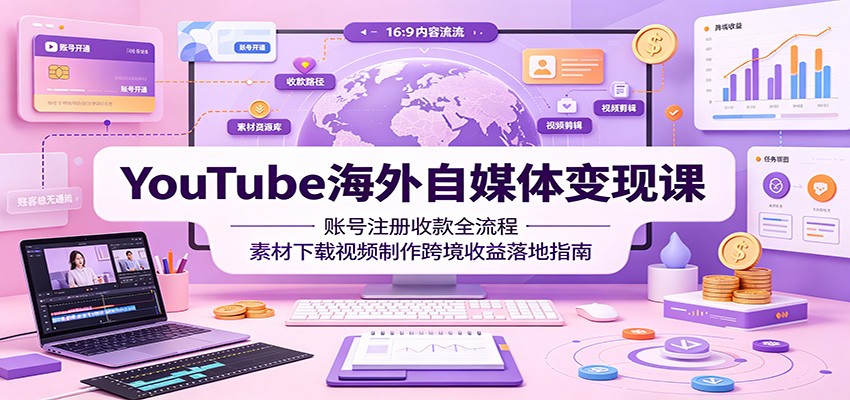 YouTube海外自媒体变现课：账号注册收款全流程，素材下载视频制作跨境收益落地指南|一人科技OPC聚合软件