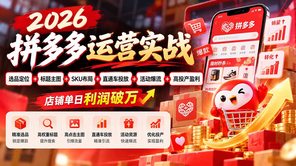 2026拼多多运营实战-更新1002：选品定位+标题主图+SKU布局+直通车投放+活动爆流+高投产盈利 店铺单日利润破万|一人科技OPC聚合软件
