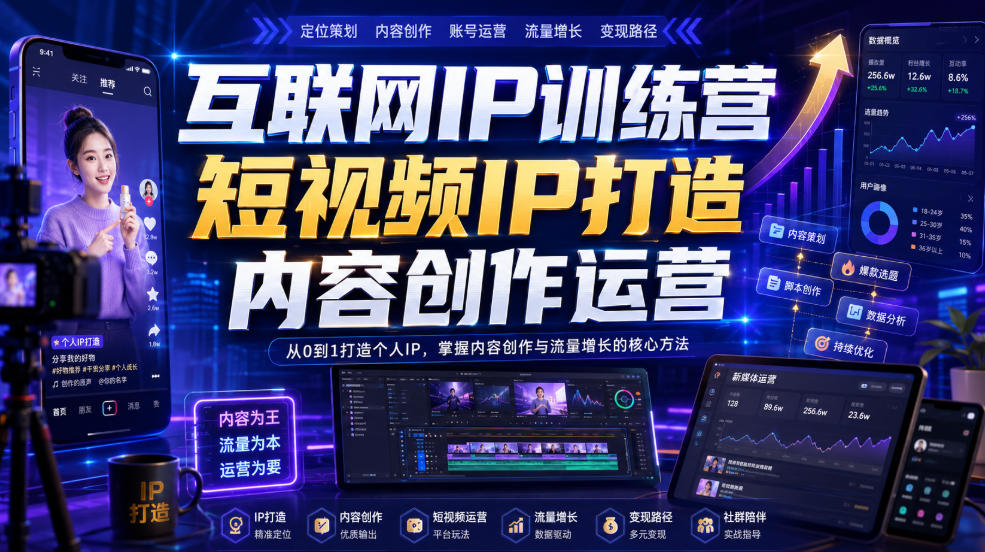 互联网IP训练营，短视频IP打造，内容创作运营|一人科技OPC聚合软件