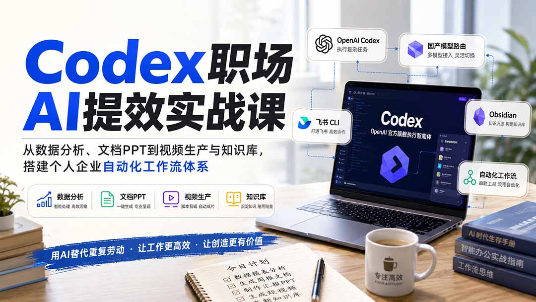 Codex职场AI提效实战课：从数据分析、文档PPT到视频生产与知识库，搭建个人企业自动化工作流体系|一人科技OPC聚合软件